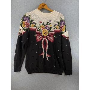 Vintage Marisa Christina M Black Floral Bow Pearl Hand Knit Sweater 3786
